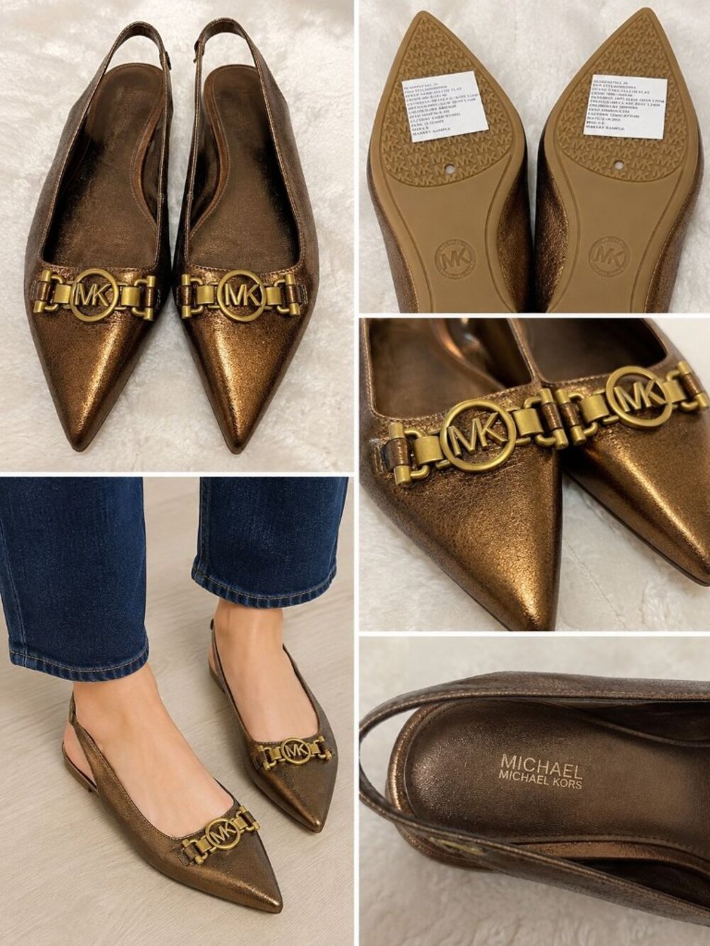 Michael Kors Womens Metallic Pointed-Toe Flats With MK Logo & Slingback Strap